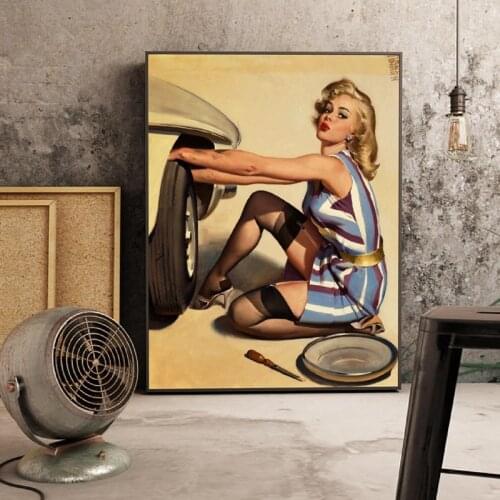 Pin-up Girl Repairs Wheel Poster Garage Wall Art Canvas Painting Vintage Picture Pin-up Girl Cool Art Print Man Cave Decoration