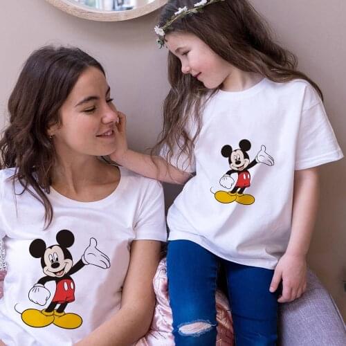 Family Clothes For Mother And Daughter Summer Short Sleeve Casual White O-neck Tshirts Mickey Mouse Disney Printed Cartoon Tops