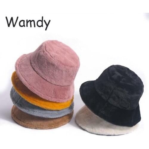 Winter Outdoor Fluffy Hat Vacation Lady Panama Black Solid Thickened Soft Warm Fishing Cap Faux Fur Rabbit Bucket Hat For Women