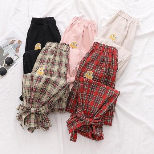 Women Pants Harajuku Pants Women Kawaii Pants Plaid Pants Spring and Autumn Bow-knot Lace Up Girl College Style Girdle Women