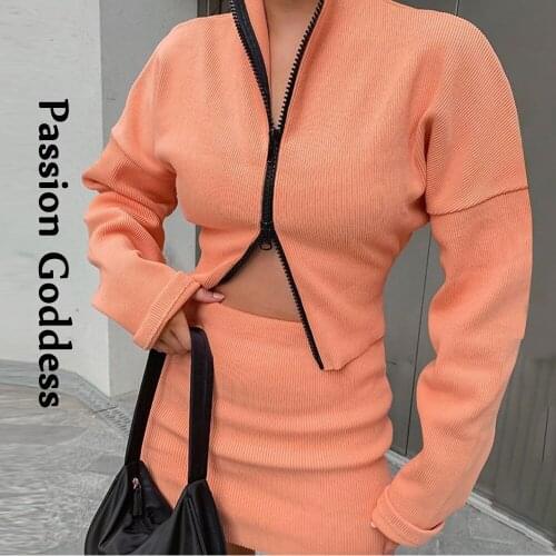Autumn Women 2 Piece Ribbed Zipper Sets Pink Outfits Double Zipper Loose Jackets Outcoats Bodycon Skirts Casual Sets Two Piece
