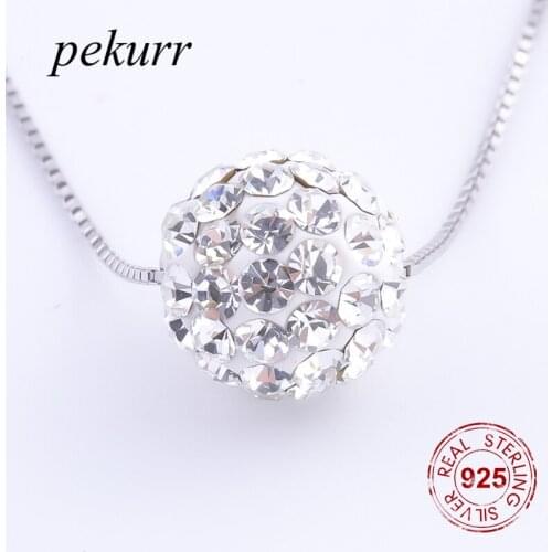 Pekurr 925 Sterling Silver 9.5mm Round Paved Crystal Bead Ball Necklace For Women Box Chain Pendants Fine Jewelry Gifts
