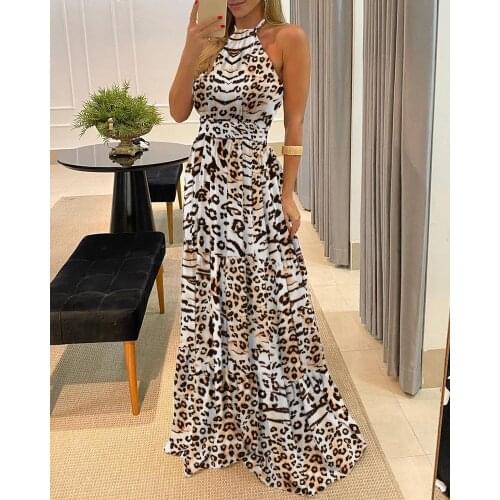 2021 Leopard Dress Women Summer Sleeveless Long Dresses For Women Neck-mounted Female Holiday Sexy Halter Dress Women