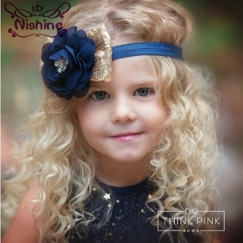 Nishine 1PCS New Navy Chiffon Flower With Gold Sequin Bow Girls Headband Elastic Party Kids Headwear Photography Props