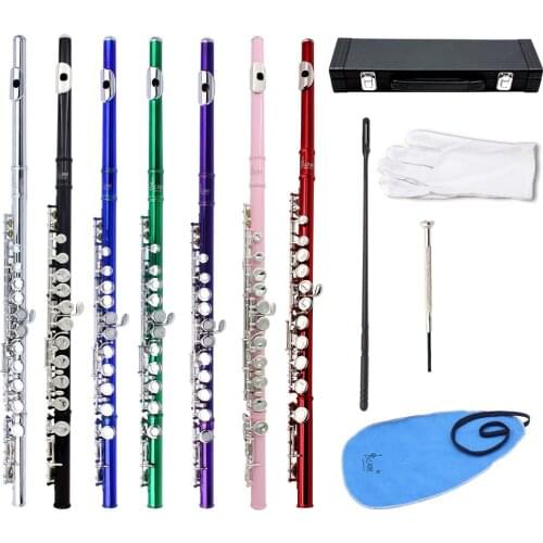 16 Holes C Key Flute Cupronickel Plated Silver Woodwind Instrument with Cleaning Cloth Gloves Padded Case