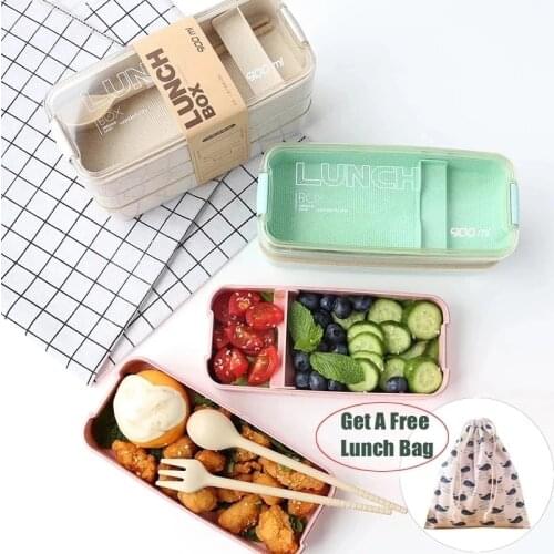 900ml Portable Healthy Material Lunch Box 3 Layer Wheat Straw Bento Boxes Microwave Dinnerware Food Storage Container Food Box