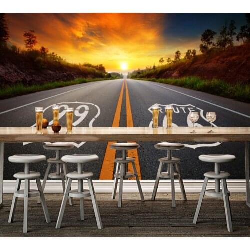 Free Shipping HD Sunset 66 Highway Sunset Scenery Wall Custom 3d Mural Hotel Restaurant Wallpaper Photo Mural Made in China