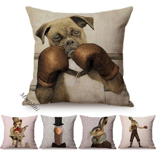 Funny Animal Poster Pattern Decoration Cushions Cover Rabbit Cat Dog Hare Boxer Cotton Linen Sofa Chair Square Throw Pillow Case