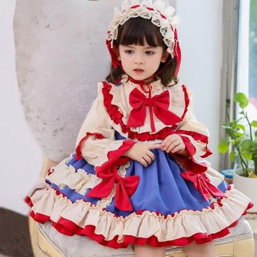 Baby Girl Autumn Winter Long Sleeve Red Vintage Spanish Lolita Princess Ball Gown Bow Dress for Birthday Christmas Party