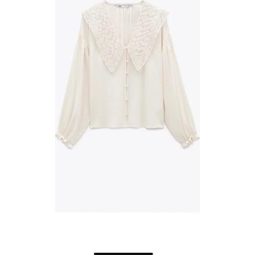 European and American 21 year spring womens Lapel sweet style versatile lace embroidered collar shirt