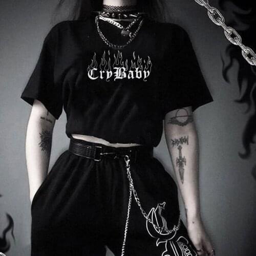 Cry Baby Flame Graphic Tee Gothic Style Dark Cool Grunge T-Shirt For Women Harajuku Hipster Tumblr Vintage Summer Tops