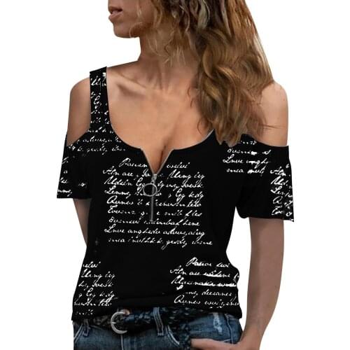 Streetwear Off Shoulder T-shirts Womens Shirts Casual Letter Print Shirt Short Sleeve V-neck Zipper T-shirts Top Футболка