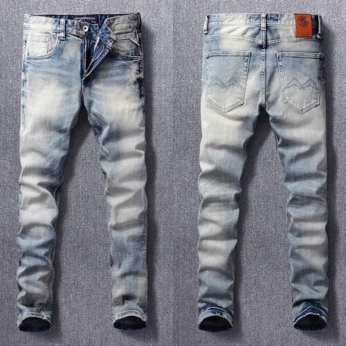 Italian Style Fashion Men Jeans Retro Light Gray Blue Elastic Slim Fit Ripped Jeans For Men Vintage Designer Cotton Denim Pants
