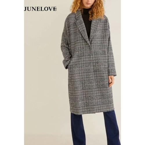 JuneLove Women Autumn Loose Wool Blends Vintage Plaid Female Long Coats Jackets Casual Street Wear Lady Single Button Outwears