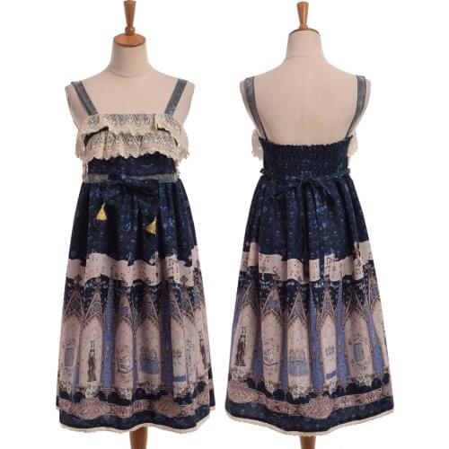 Cute Black Blue Pink Girls Lolita Suspender Dress Sleeveless Ruffle Lace Bowknot OP JSK Kwaii Fairy Dresses