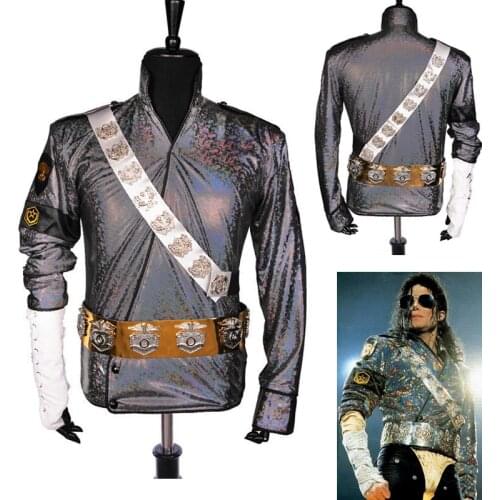 Handmade MJ Michael Jackson BAD Dangerous Jam Laser Jacket Belt Set Performance Gift Imitation Show Music Star Collection