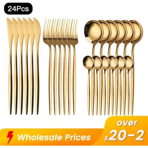 24pcs Gold Dinnerware Set Stainless Steel Flatware Knife Fork Spoon Dinner Set Tableware Coffee Spoon Dishwasher Cutlery Set