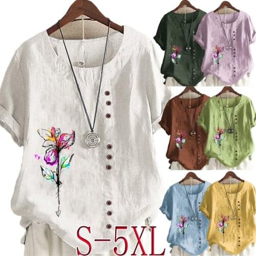 New Women Summer Casual Feather Print Loose T-shirts Vintage Round Neck Plus Size Short Sleeve Blouse Tops S-5XL