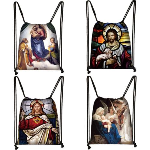 Religion Jesus Mary Angel Drawstring Bag Women Canvas Storage Bags for Travel Ladies Canvas Backpack Bookbag Shoes Holder