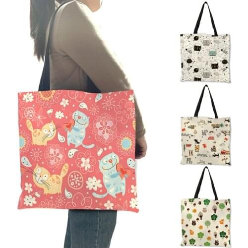 Cartoon Cat Kitten Collage Pattern Design Lady Girls Handbag Linen Durable Outdoor Shoulder Bags Casual Multi Function Tote Bags