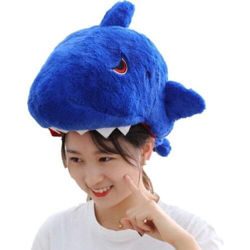 Blue hairy shark head hood hat plush hat toy birthday stuffed cap gift shark fish