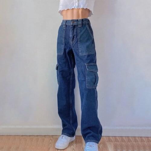 Straigh Leg Blue Jeans Patchwork Denim High Waist Ladies Cargo Pants Women Long Baggy Jeans Womens 90s Vintage Pants