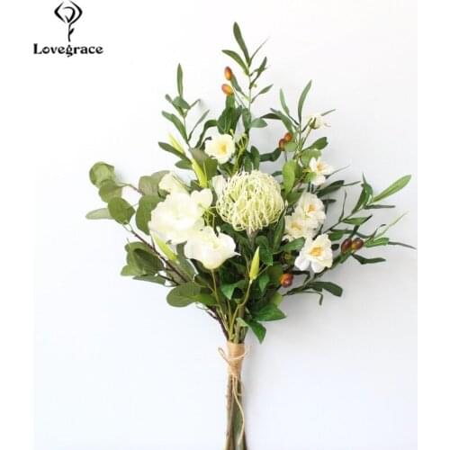 Lovegrace Wedding Bouquet Handmade Rose Flowers White Red Wedding Supplies Silk Hydrangea Orchid Balloon Flower Eucalyptus Leaf