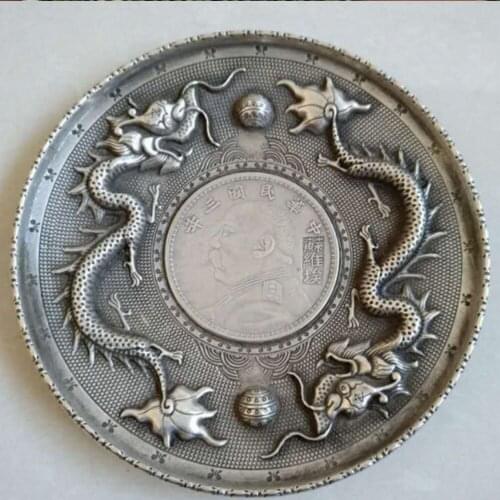 Solid silver factory outlets Exquisite Old Chinese Decorated Handwork 2 dragon Tibetan Silver Plate