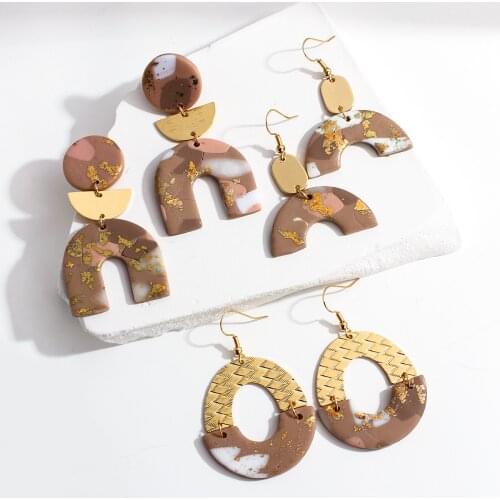 Lifefontier Unique Metal Ploymer Clay Drop Earrings for Women Handmade Splicing Clay Geometric Hanging Earrings Jewelry 2021