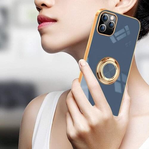 Unique Electroplating Soft TPU Metal Ring Bracket Logo Cell Phone Case for iPhone 12 mini 11 Pro