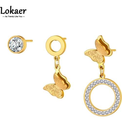 Lokaer Trendy 18k Stainless Steel Rhinestone Butterfly Earrings Jewelry 3Pair/set Cz Crystal Animal Earrings For Women E21110
