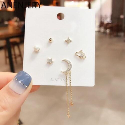 ANENJERY 6 pieces/set Micro Inlaid Clouds Stars and Moon Small Tassel Earring Set For Women 2020 Korean Daily Jewelry Wholesale