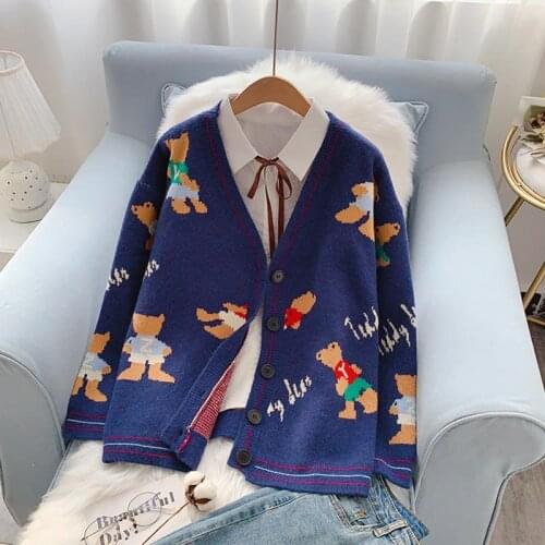 ZITY 2020 Women Cute Sweater And Cardigans V Neck Cartoon Bear Embroidery Loose Kntting Cardigans Cute Korean Bear Knit Jacket