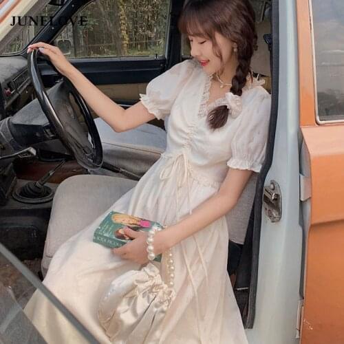 JuneLove Vintage Elegant Fairy Dress Women Kawaii Sweet Short Sleeve Midi Dress Cute Holiday Lace V Neck Dresses Summer 2021