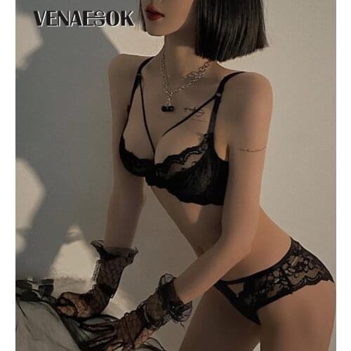 2021 Black Bra Transparent Pink Lace Fashion Brassiere Deep V Underwear Women Bra and Panties Sets Embroidery Sexy Lingerie Set
