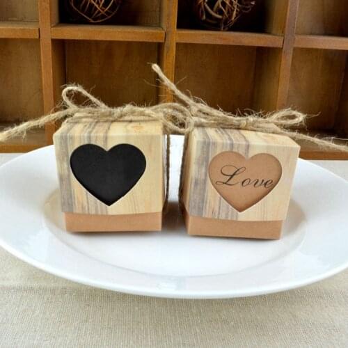 50pcs/lot Wedding Candy Box Romantic Heart Kraft Gift Bag with Burlap Twine Chic Wedding Favors and Gifts Box Party Supplies