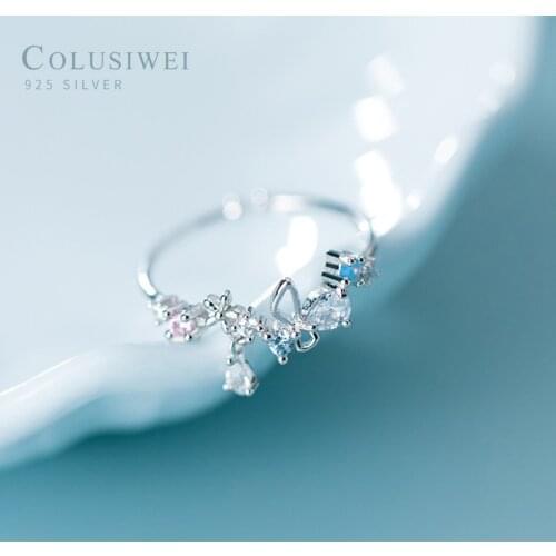 COLUSIWEI Real 925 Sterling Silver Shiny Clear CZ Water Drop Flower Ring for Women Fashion Free Size Cute Rings Fine Jewelry