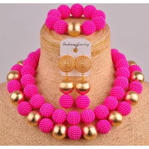 Fuchsia pink costume jewelry set simulated pearl nigerian wedding african necklace beads jewelry set FZZ72