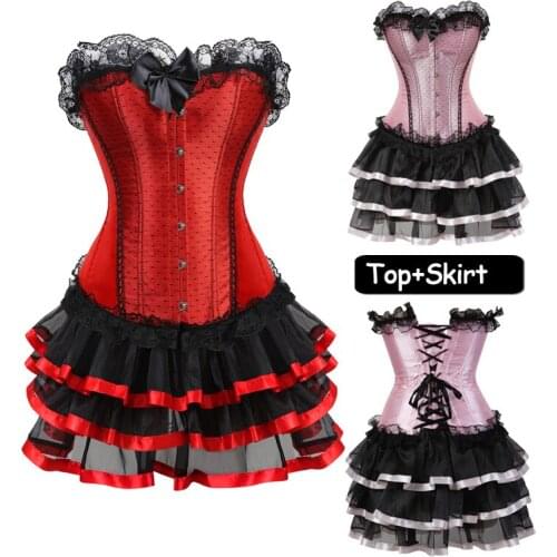 Fashion Plus Size Vintage Steampunk Corsets Dress Gothic Overbust Corset Dress Women Skirts Sexy Lace Bow bustier corselet