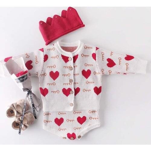 Autumn Baby Girls Clothes Knit Love print Baby Romper Set Infant Baby Girl Cardigan jacket Cotton Baby Jumpsuit Princess Suit
