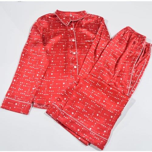 19MM 100% Mulberry Silk Pajamas Women Sleepwear Red Pink Printed PJ Set Home Wear Fashion Long Sleeve Two-Piece Set