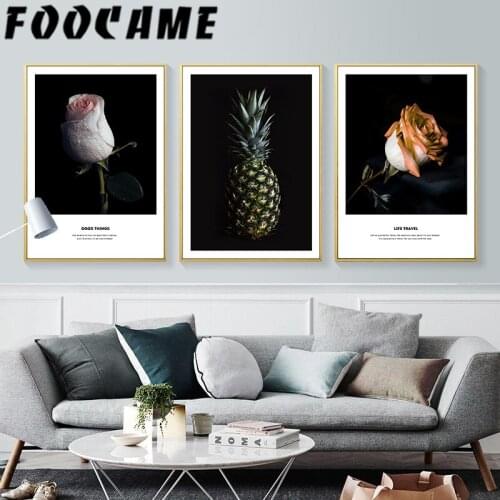 Nordic Black Background Floral Decorative Painting Print Living Room Plant Rose Pineapple Modern Poster Wall Art Canvas Pictures