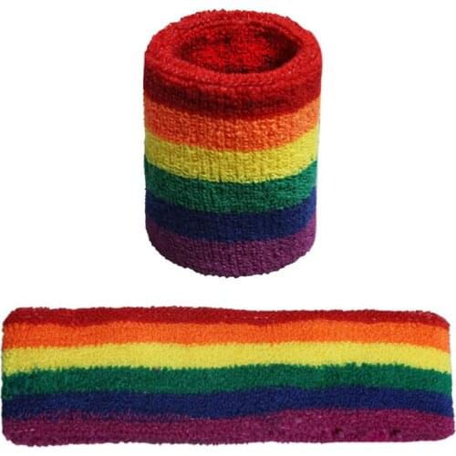 Y166 Unisex Sports Workout Rainbow Striped Headband Wristband Towel Sweatband Breathable Bracers Running Badminton Support Wrap