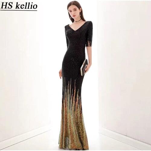 Evening Dresses 2020 Half Sleeve Mermaid Women Formal Party Black Evening Dress Sequined