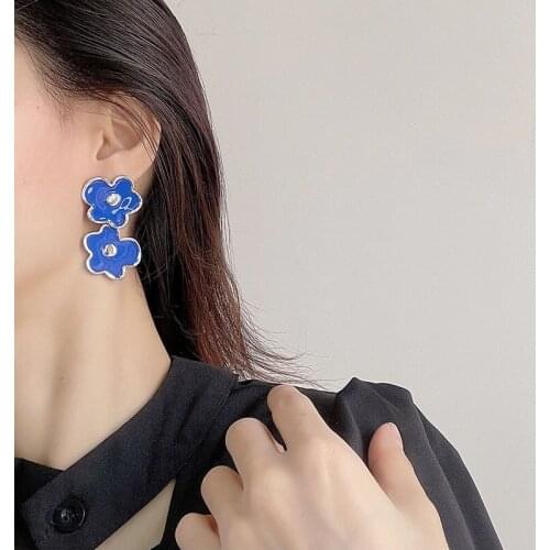 VSnow Exaggeration Enamel Blue White Color Flower Dangle Earring for Women Girls Temperament Metallic Holiday Earring Jewellery