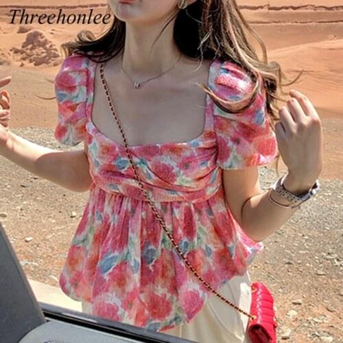 Sexy Printing Women Blouses 2021 Summer Vintage Puff Sleeve Korean Style Casual Chic Designer Elegant Female Top Shirt