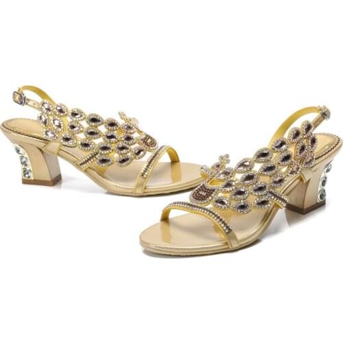 2019 Womens Summer Golden Peacock Pattern Sandals Non-slip Wild Fashion Rough Heel Shoes Latin Dance Sandals