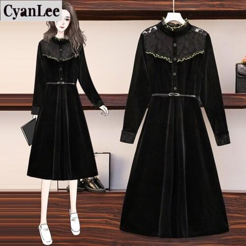 Cyanlee plus size black velvet dresses for women elegant long sleeve lace patchwork A-line dresses 2020 autumn vintage vestidos