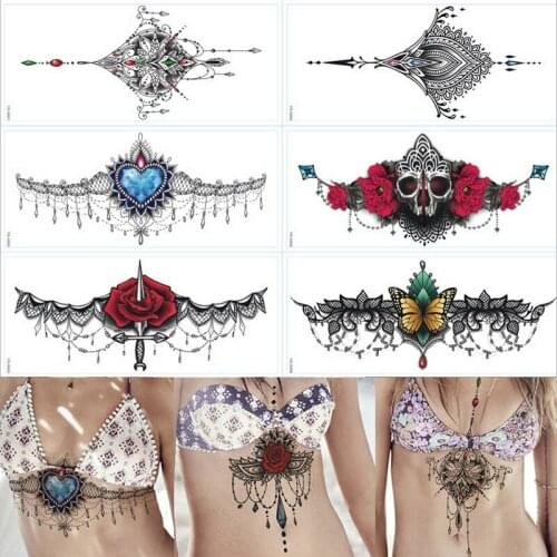1pc new Chest tattoo stickers large flower shoulder arm Sternum tattoos sleeve body paint death skull rose Black Fire sexy women