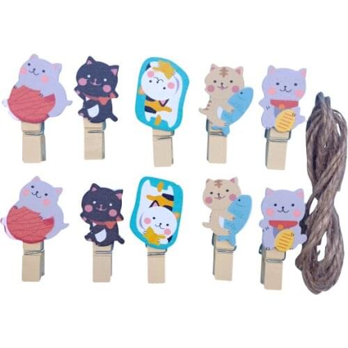 10 Pack/lot Kawaii Fortune Cat Wooden Paper Clip For Album Message Mini Natural Wooden Clips Craft Decoration Clips Pegs
